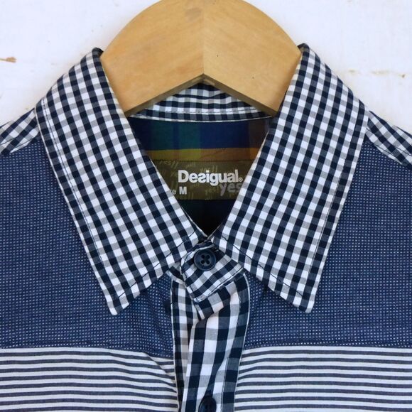 Desigual Shirt Mens M Patchwork Plaid Gingham Mixed Print Button Retro Preppy - Picture 6 of 15